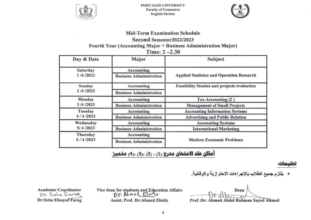 ﻿جدول امتحان أعمال السنة الفصل الدراسى الثانى الفرقة الرابعة شعبة اللغة الإنجليزية كلية التجارة 7013