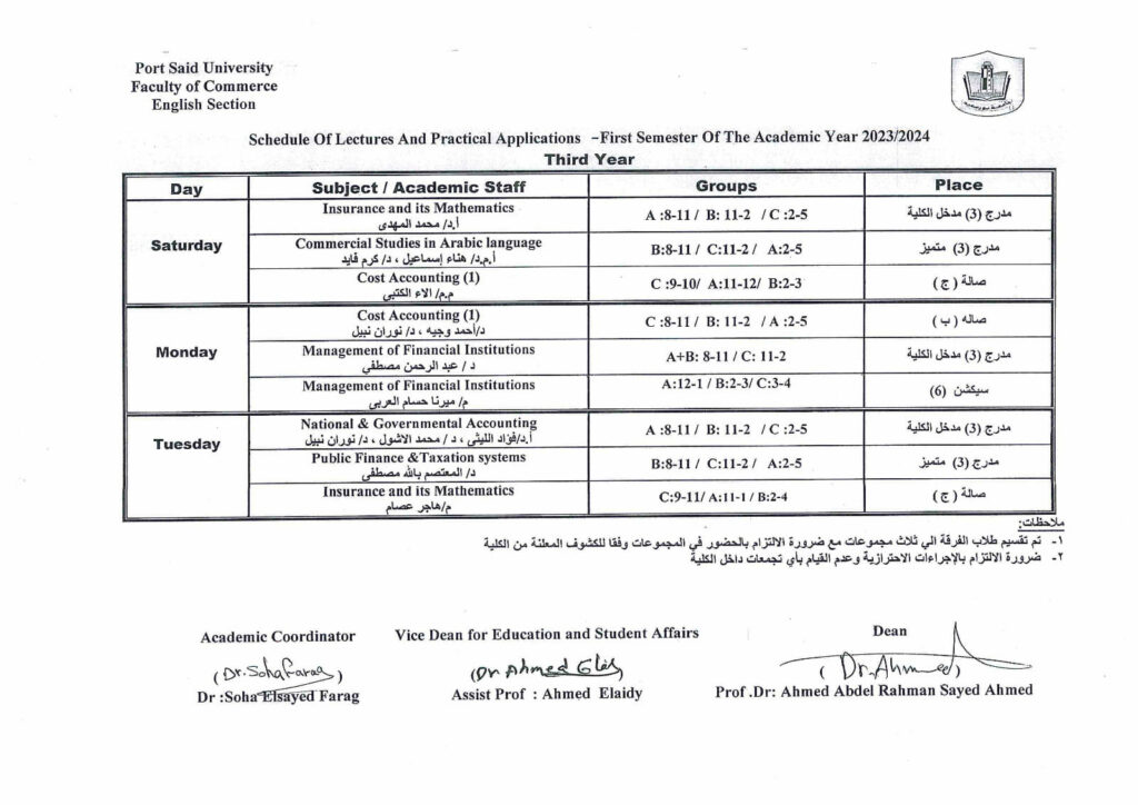 جدول محاضرات الفرقة الثالثة شعبة اللغة الإنجليزية الفصل الدراسى الأول للعام الجامعى 20242023 2584